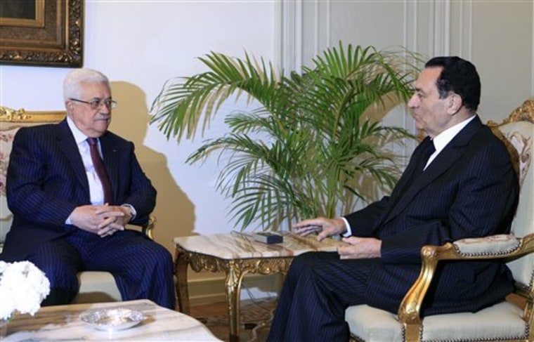 Egyptian President Hosni Mubarak, right, meets with Palestinian authority President Mahmoud Abbas at the Presidential palace in Cairo, Egypt,  on Thursday. Talks come within the framework of efforts aimed at reviving the Middle East peace process. 